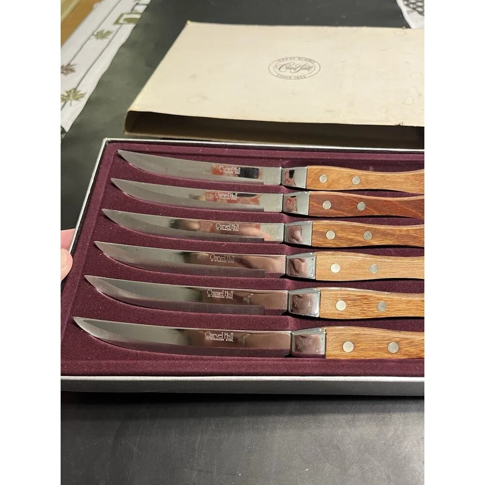 Vtg Carvel Hall Wood Handle Stainless Steak Knives 6pc IOB Japan
